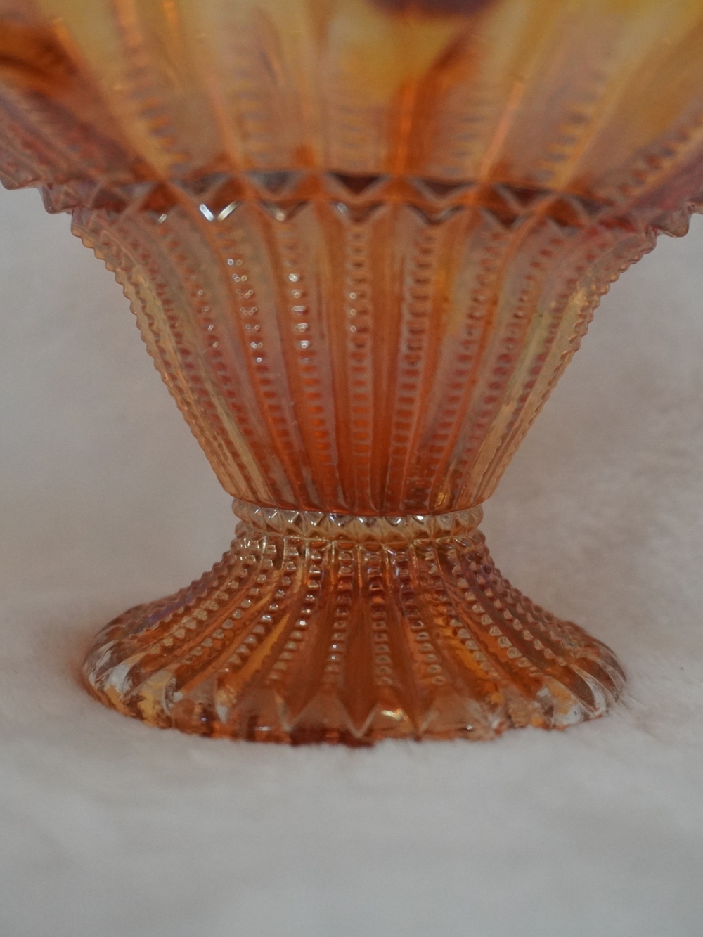 Iridescent Amber Marigold Carnival Glass Pedestal Dish - Picture 3 of 7